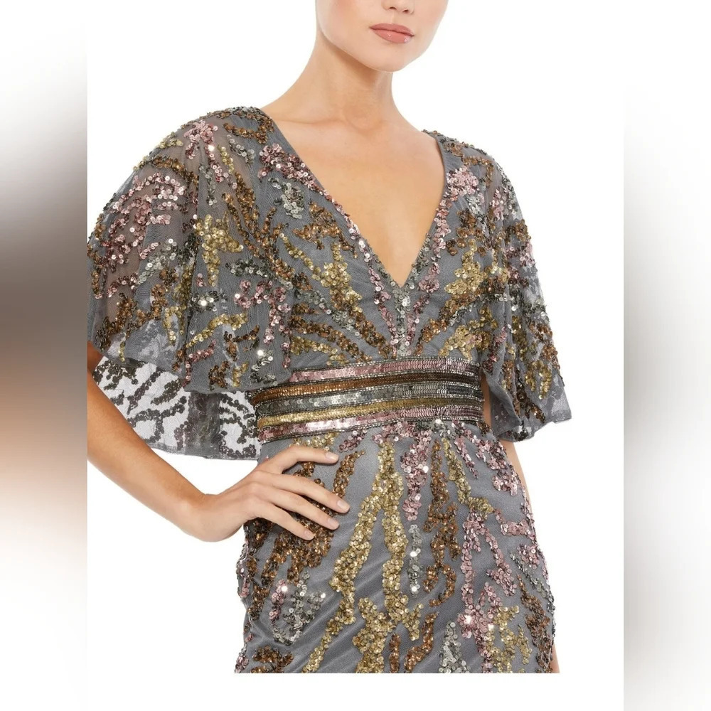 Mac Duggal, Cape Sleeve Embellished Evening Gown,‎ Charcoal, Size 4, NWT - Picture 3 of 15